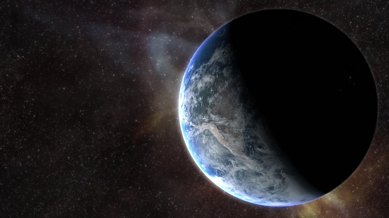 Epic cinematic motion graphic of Earth’s sunrise from orbit, showcasing a glowing blue atmosphere, dramatic lighting, twinkling stars, and vibrant colorful nebula clouds in the vast deep cosmos