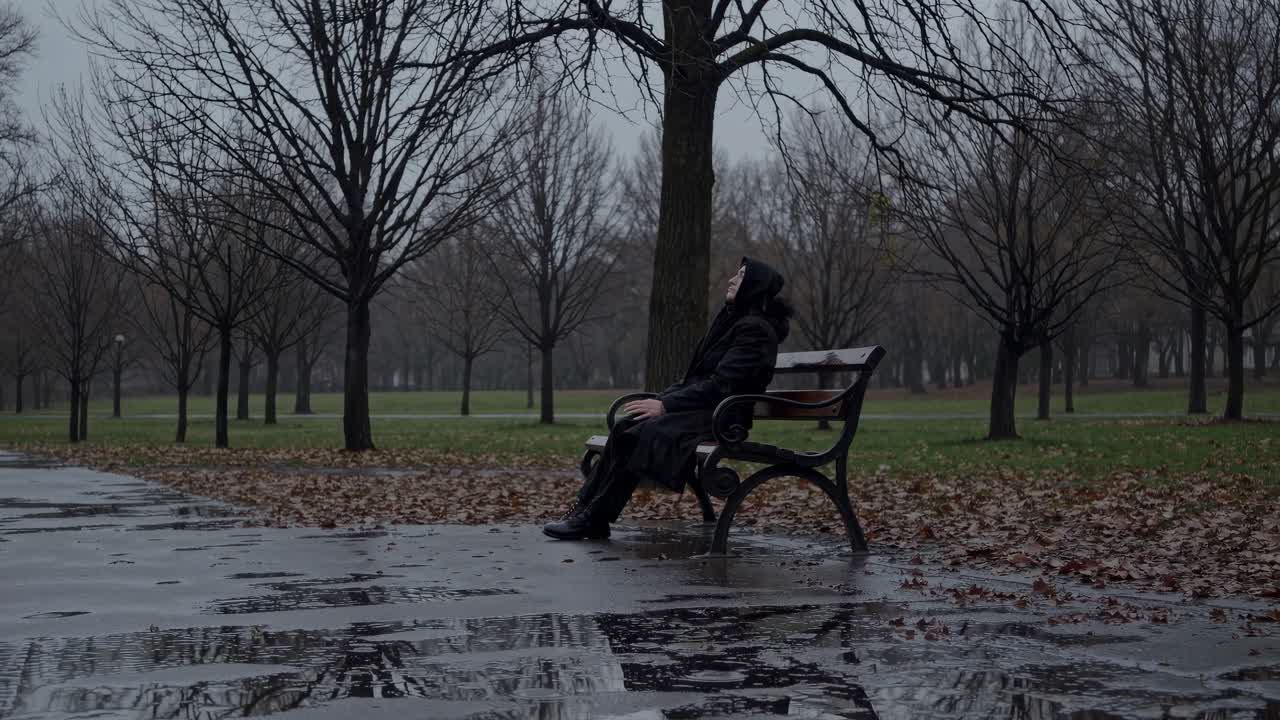 Moody video scene of a solitary figure on a park bench, captured from a low angle
