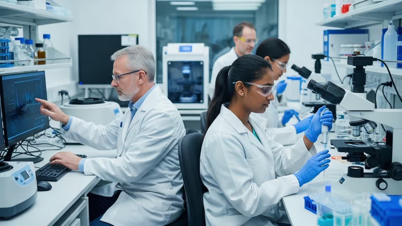 Inside a Modern Research Laboratory: Scientists Collaborating on Innovative Experiments with Advanced Equipment and Technology