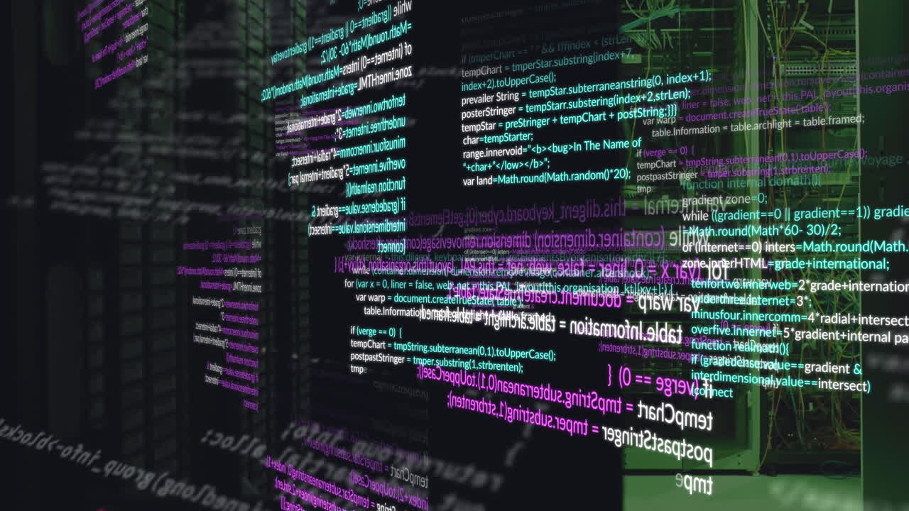 animación del procesamiento de datos contra la sala de servidores de computadoras