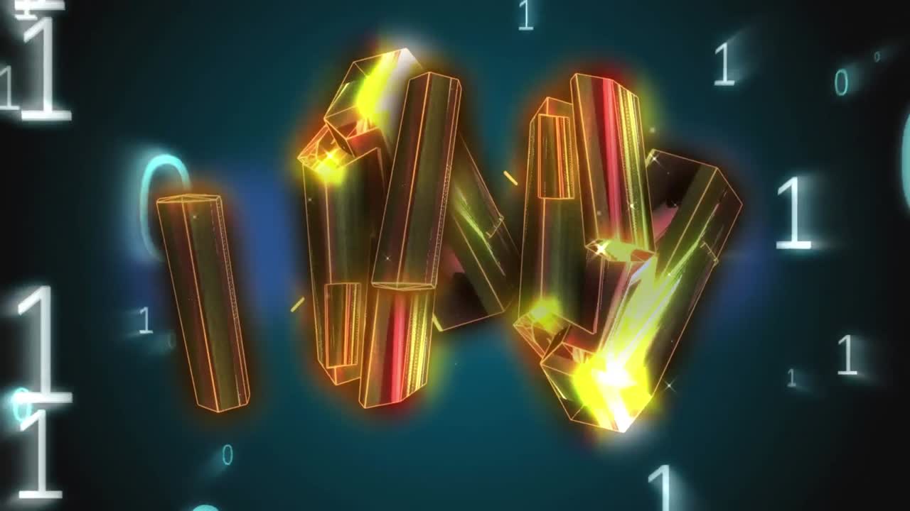 바이너리 코딩 데이터 처리 위에서 회전하는 오렌지색 빛나는 블록의 애니메이션