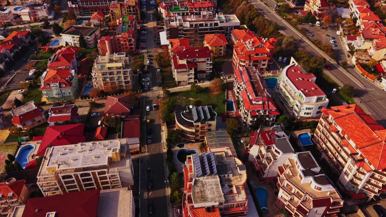 Aerial view of a Bulgarian neighborhood with modern buildings