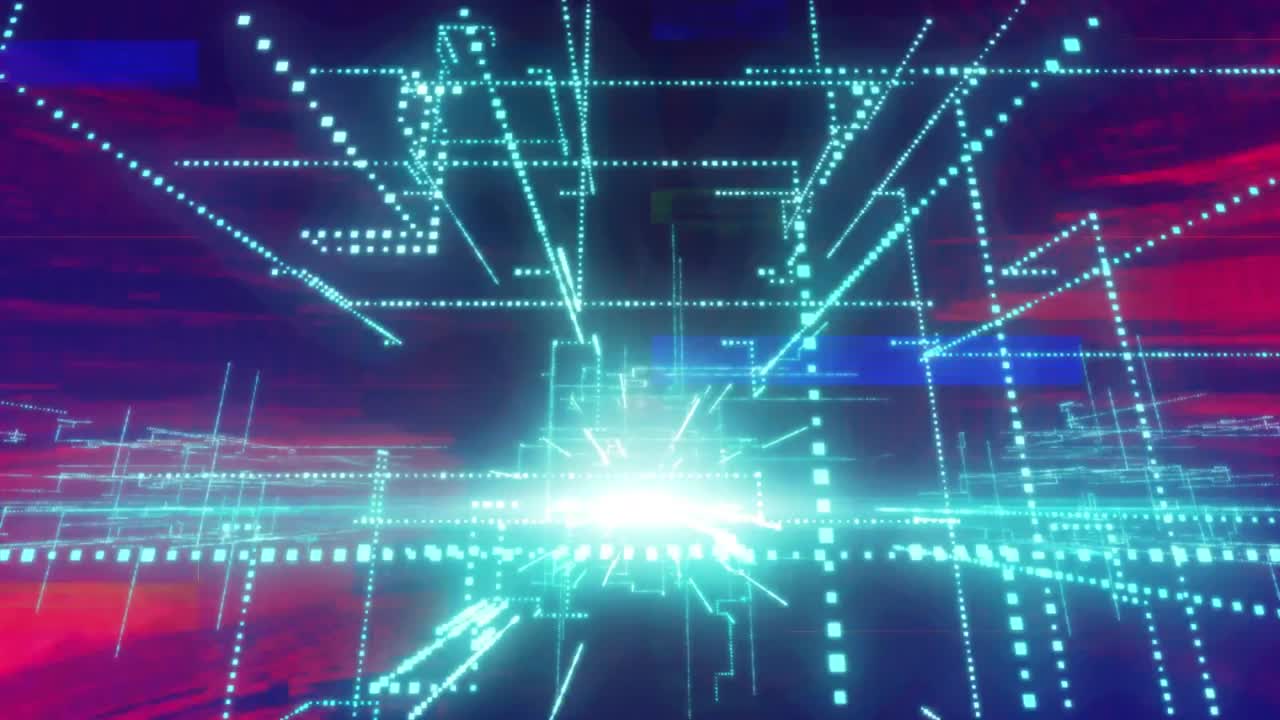 검은 바탕에 선과 추상적인 패턴을 형성하는 점 위에 글리치 기법의 애니메이션