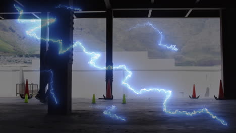 digital composite video of blue thunderstorm effect against man practicing soccer