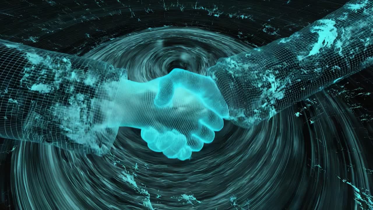 Two glowing digital hands shaking in a futuristic animation, representing concepts of virtual agreement, business partnership, technological deals, and successful online collaboration