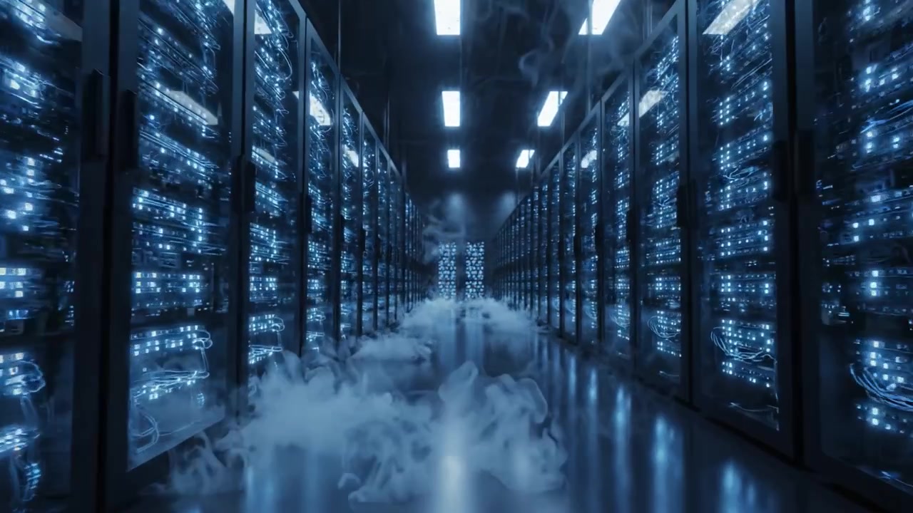 A Captivating Glimpse of a Server Room in Action: Illuminated Data Racks Stand Tall Amidst Wisps of Fog, Creating a Futuristic and Tech-Savvy Atmosphere