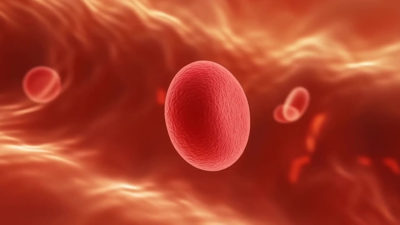 Single textured erythrocyte changes orientation while moving through flowing blood, with several smaller red cells receding behind softly lit vessel walls and deep red surroundings.