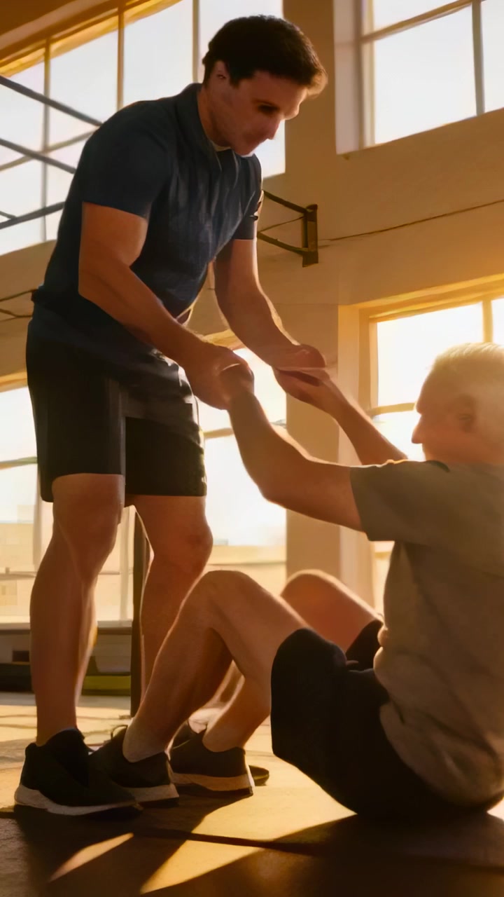 Vertikal video: Træner i sportstrøje læner sig frem og rækker hånden frem i fitnesscenter, støtter ældre person af måtte.