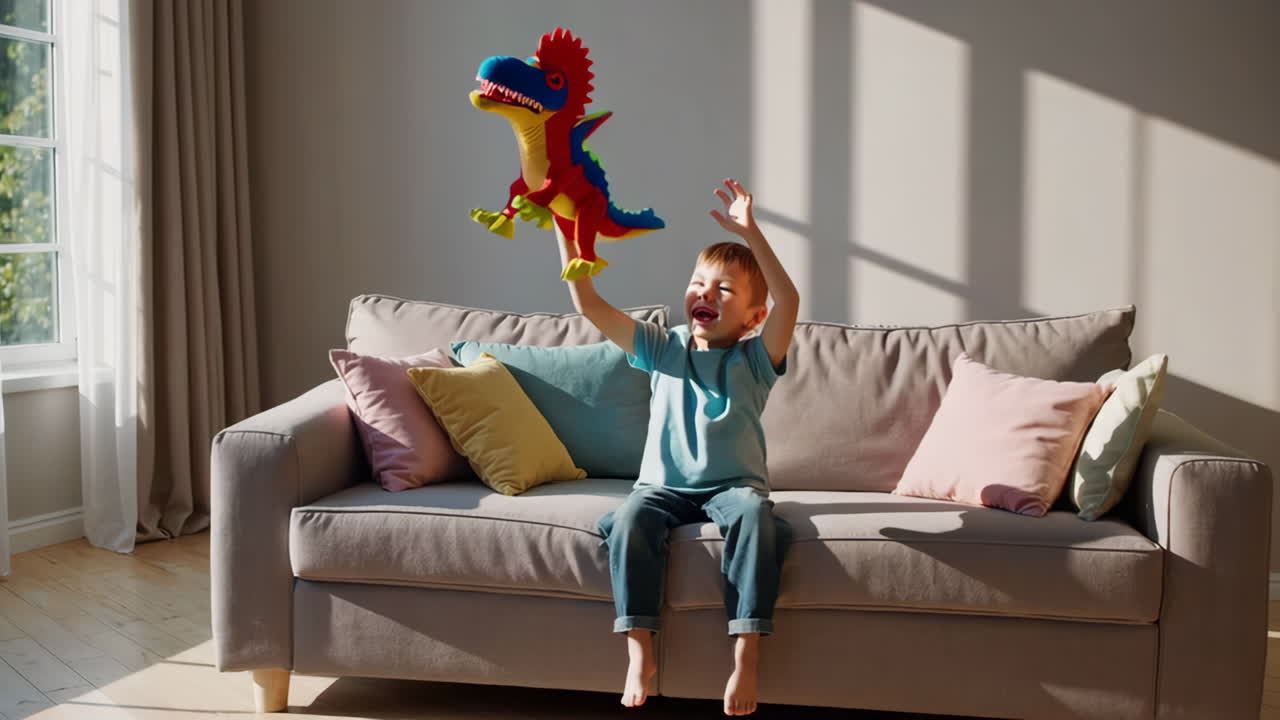 Happy Boy Plays with Colorful Toy Dragon on Couch at Home
