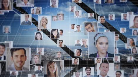 Animation of network of people&#039;s photographs over cityscape background