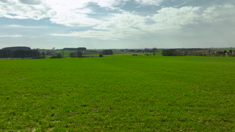 campo verde expansivo bajo un cielo parcialmente nublado, que se extiende hacia colinas distantes y árboles esparcidos