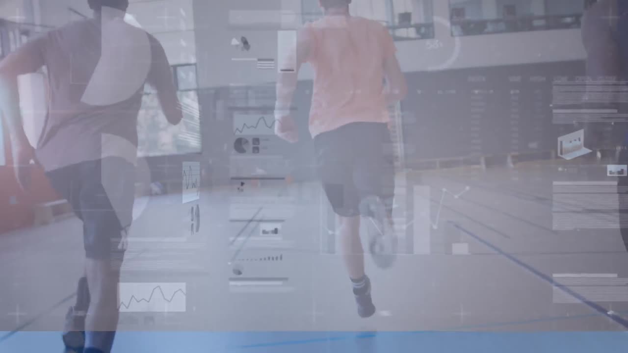 체육관에서 다양한 남성 농구 선수에 대한 데이터 처리 애니메이션