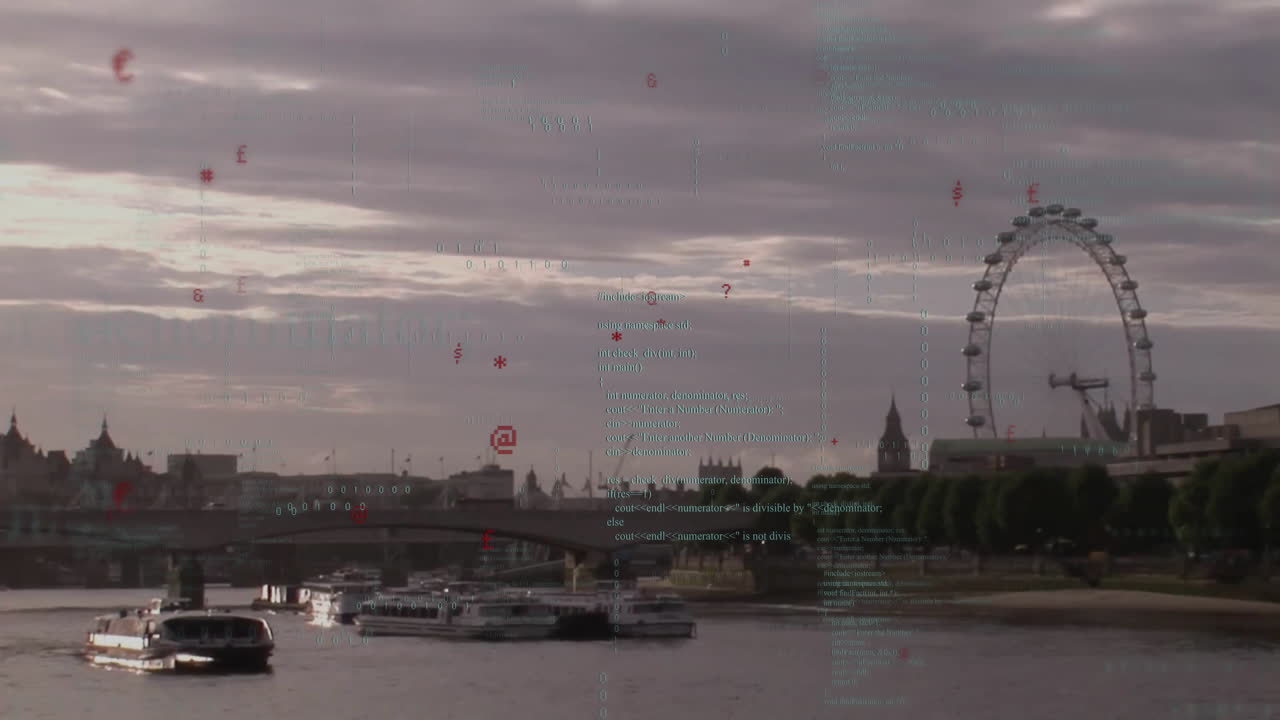 Commuter ferry floating on River Thames receiving digital code overlay near London Eye 3D render