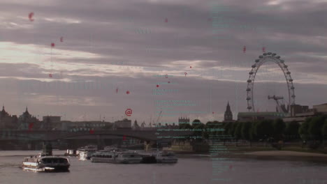 commuter ferry floating on river thames receiving digital code overlay near london eye 3d render
