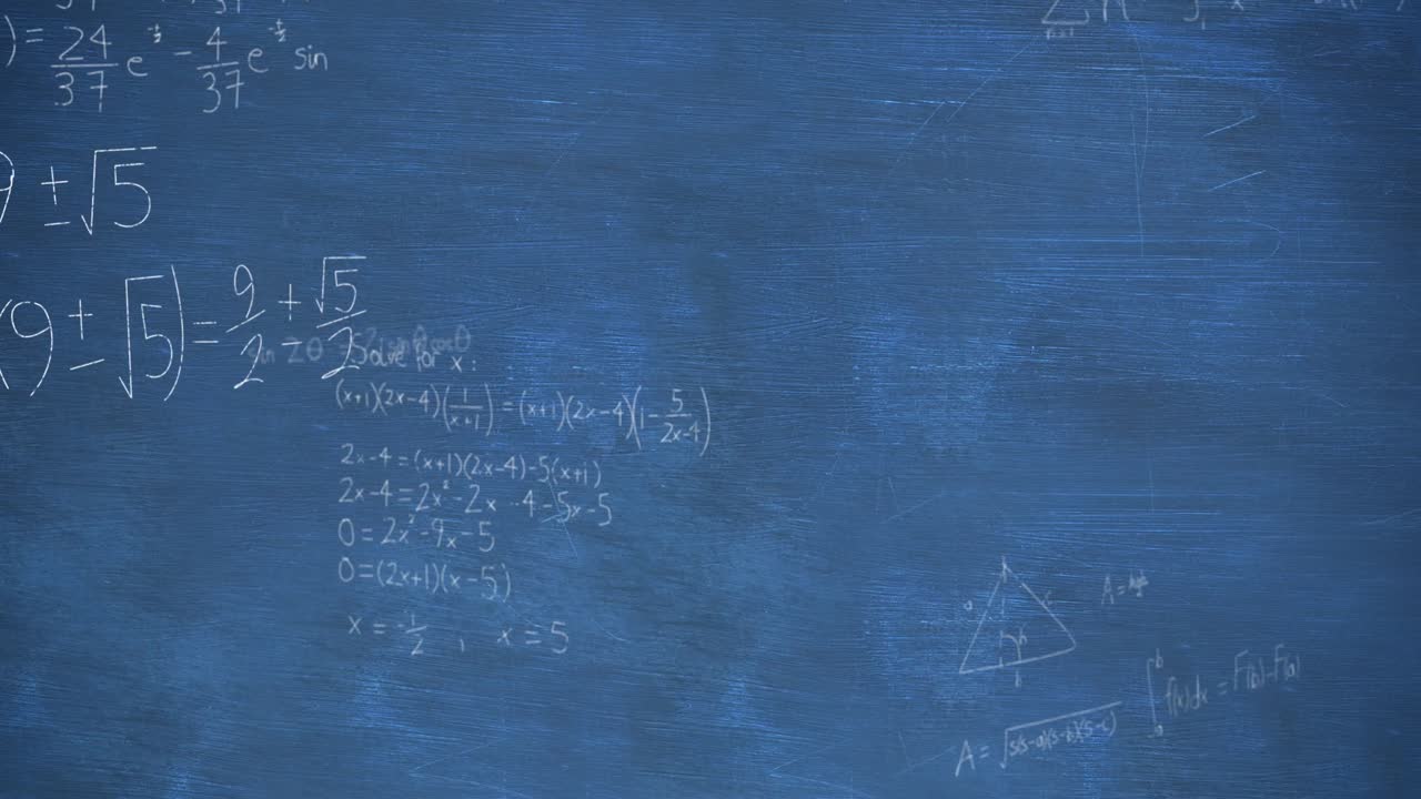Animation of mathematical equations and formulas floating against blue chalkboard background