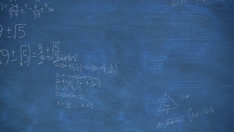 Animation-of-mathematical-equations-and-formulas-floating-against-blue-chalkboard-background