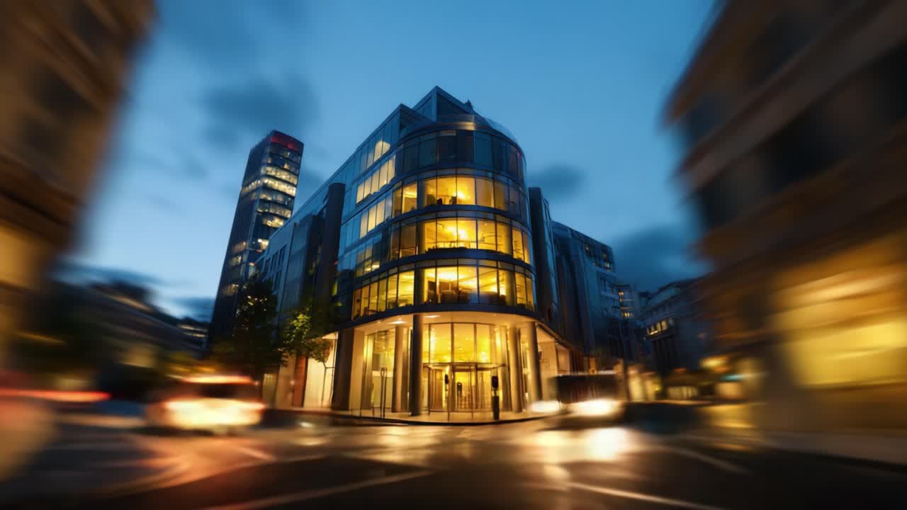 Um edifício moderno e impressionante iluminado à noite, exibindo sua arquitetura elegante contra um céu nublado e dramático em um ambiente urbano, capturado em um desfoque de movimento vívido