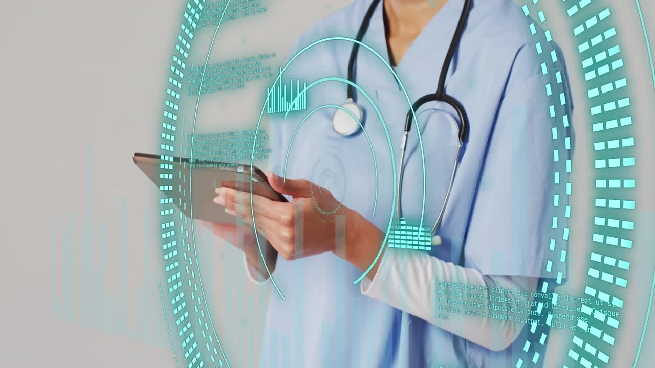 Animación de escaneo de alcance y procesamiento de datos sobre una doctora birracial usando una tableta