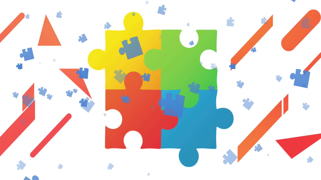 Animations of falling colorful puzzle pieces over white background