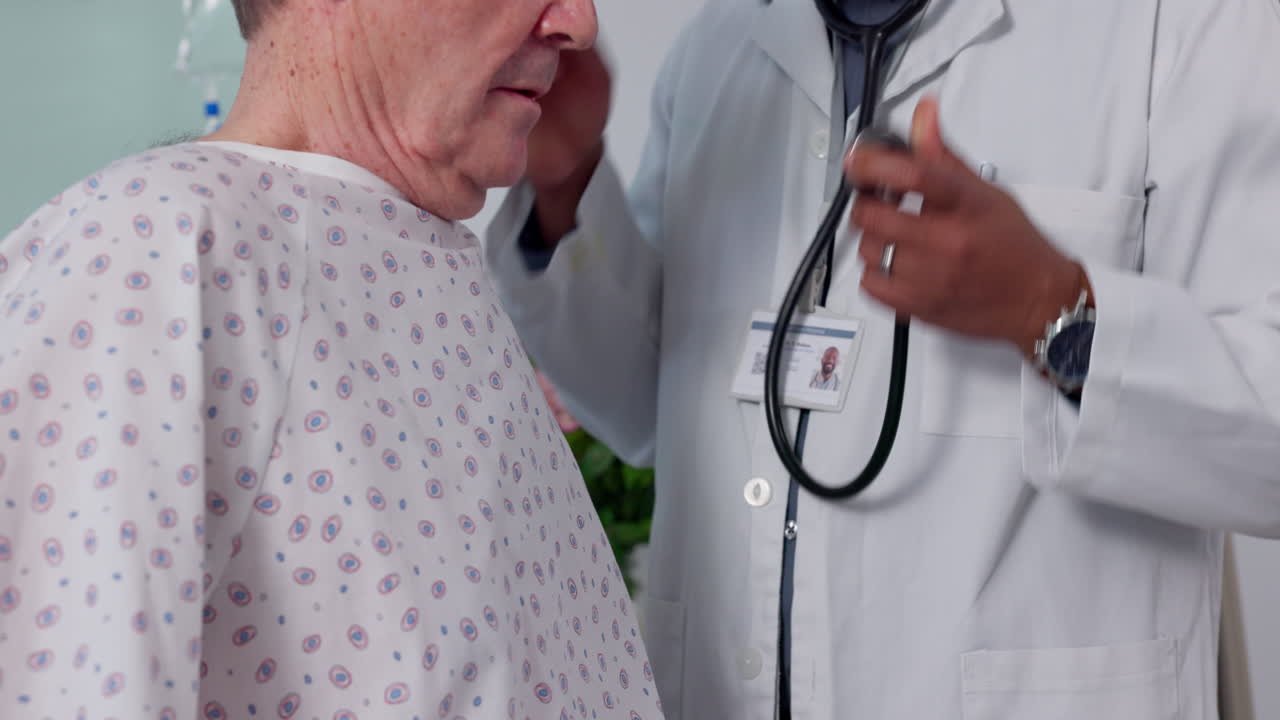 Senior man, doctor and breathing on stethoscope
