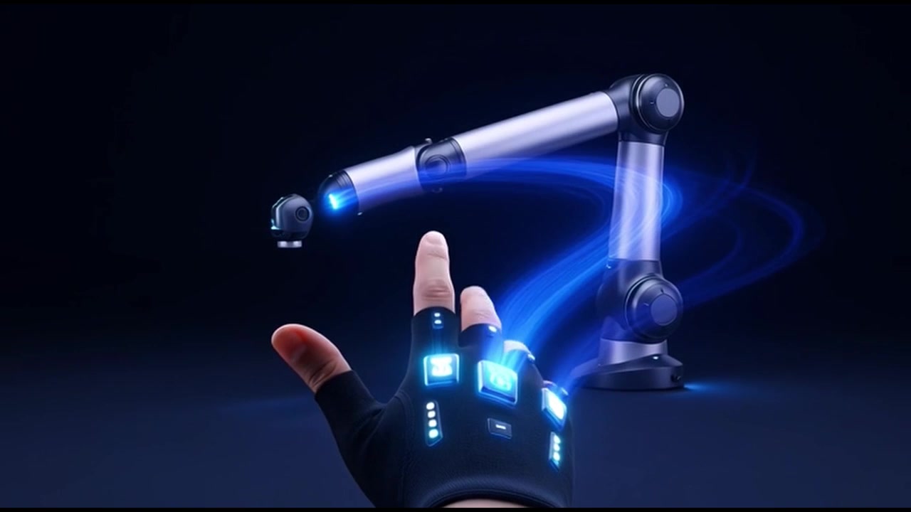 Futuristic Glove Controlling a Robotic Arm with Blue Energy