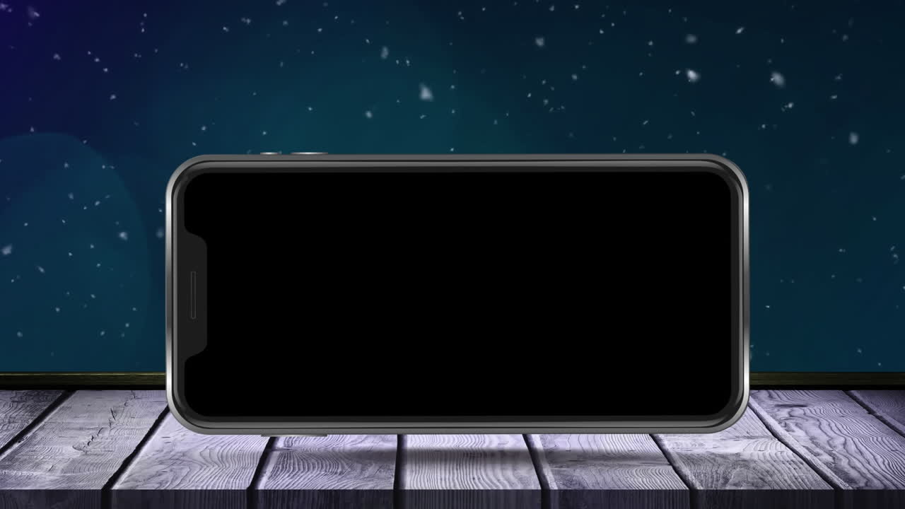 Animação de tela de smartphone em branco em superfície de madeira sobre cenário de inverno