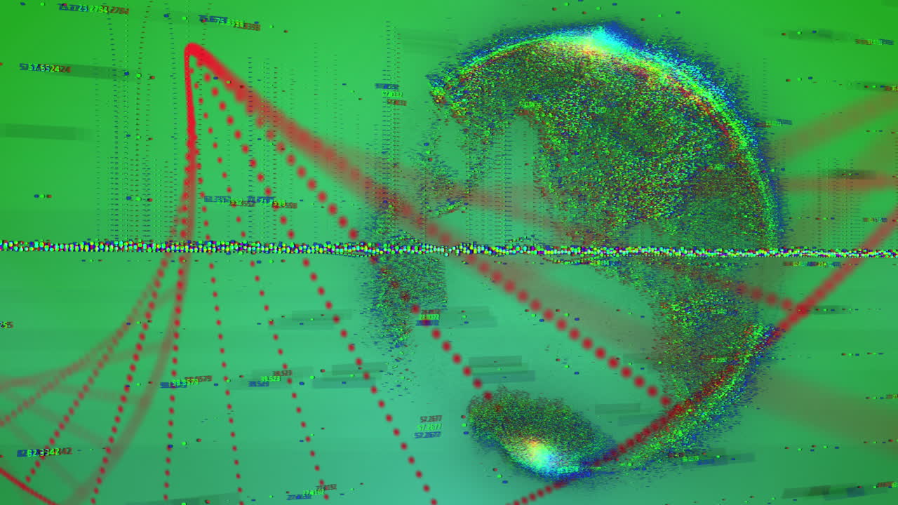 추상적인 배경에서 전 세계에 걸쳐 변하는 숫자 위에 dna 나선을 형성하는 빨간 점의 애니메이션