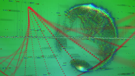 animación de puntos rojos que forman una hélice de adn sobre números cambiantes en todo el mundo en un fondo abstracto