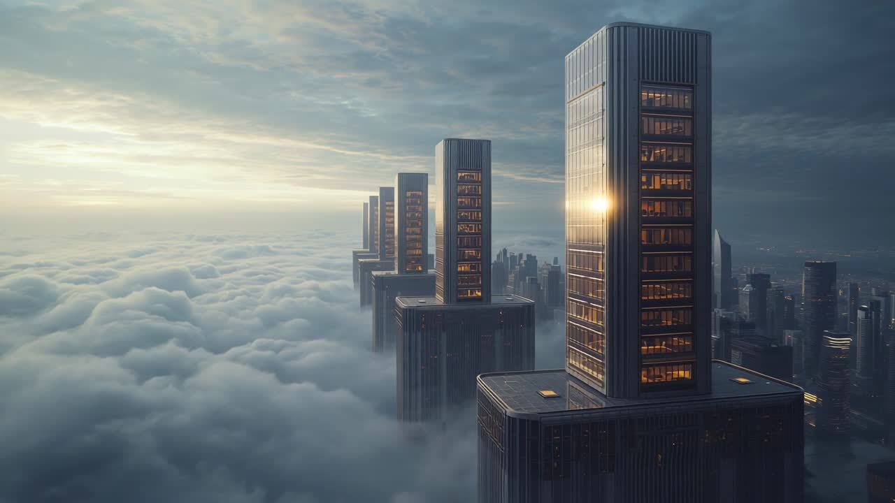 Dollying camera through cloudbank, revealing skyscrapers reflecting sun, lit interiors at sunrise