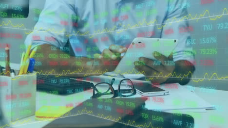 animación de la junta comercial sobre la sección media del hombre afroamericano usando tableta digital en la oficina.