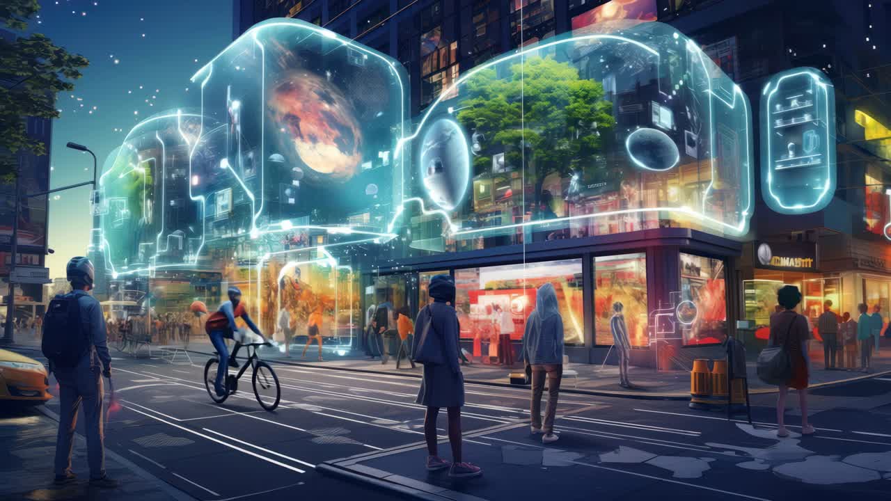 Futuristic cityscape with holographic displays, viewed from a street-level angle