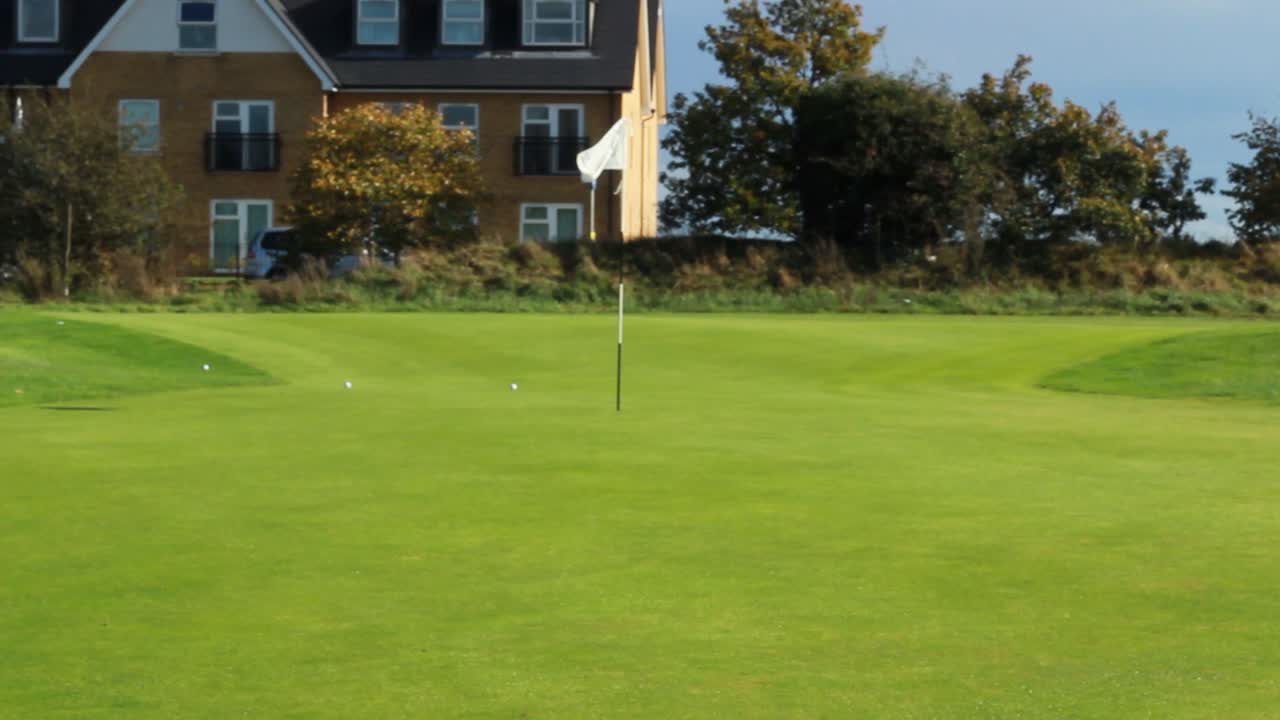 A slow tilt from ground up of a windy golf green with golds balls on. Sunny day and windy.