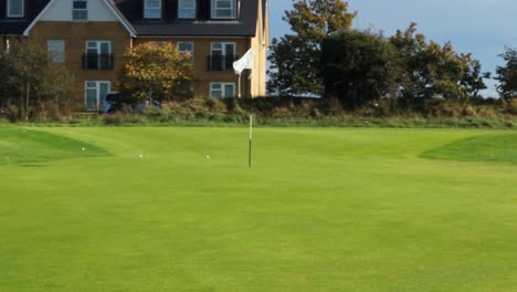 a slow tilt from ground up of a windy golf green with golds balls on. sunny day and windy.