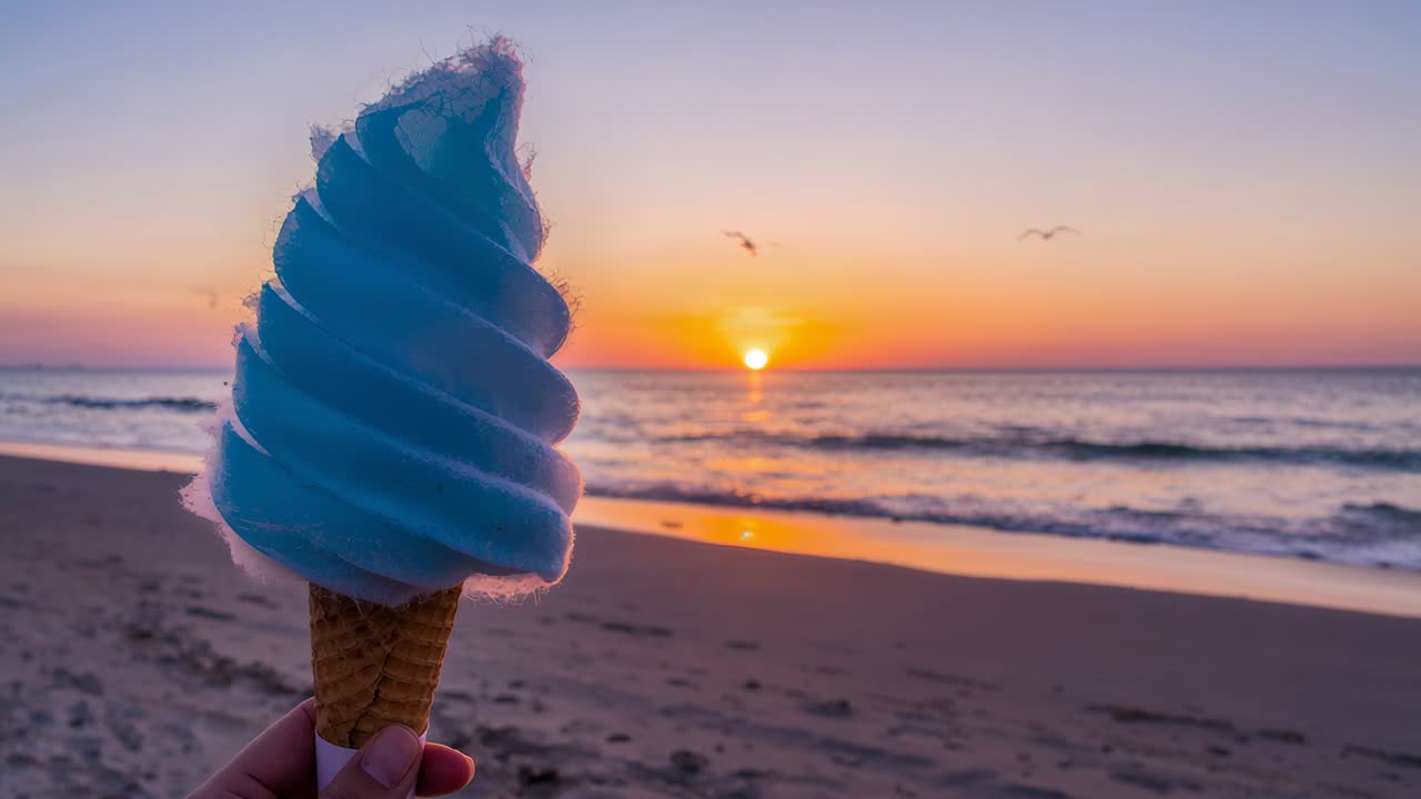 Blauw softijsje vasthouden met een servet, hand die de swirl uitlijnt op het strand terwijl de zon ondergaat