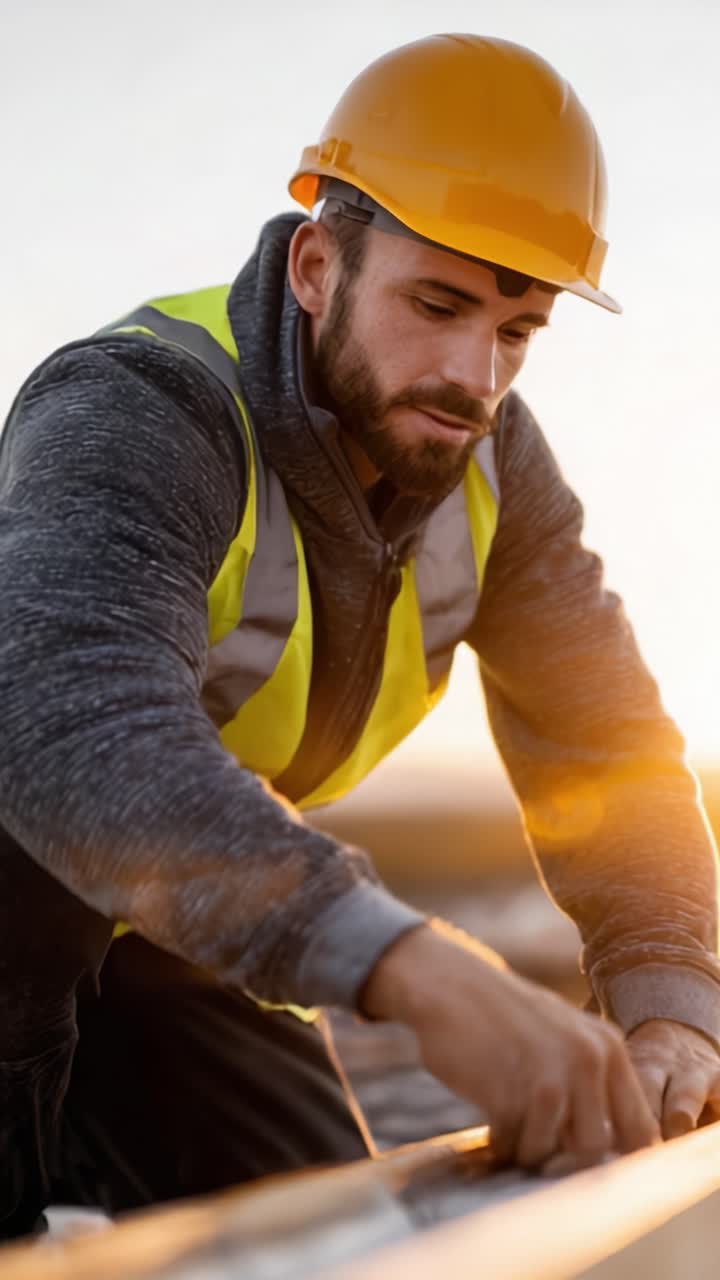 Focused Construction Worker Wearing Safety Gear on a Building Site during Sunset, Demonstrating Skill in Handling Tools and Building Materials
