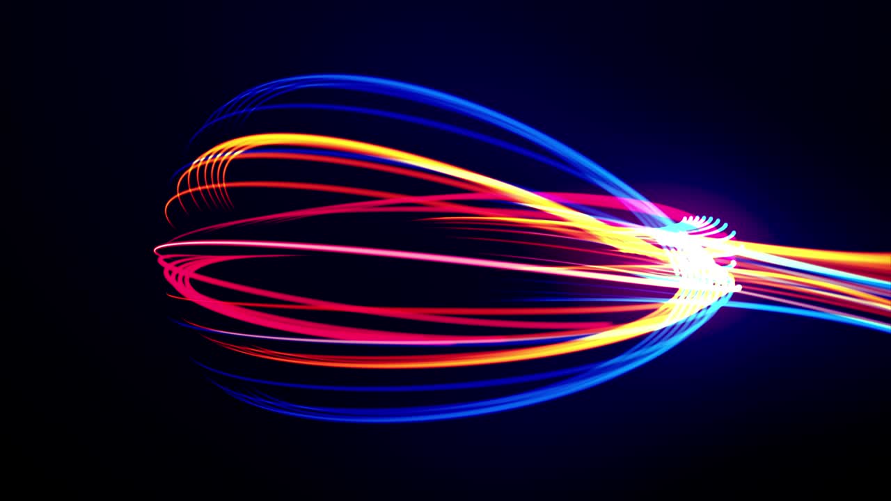 rayos de energía fluidos multicolores animación 3d. abstracción elegante líneas de iluminación curva colorida. plantilla ondulada azul rosa con líneas coloridas circular dinámica. luz flash en patrón elegante digital