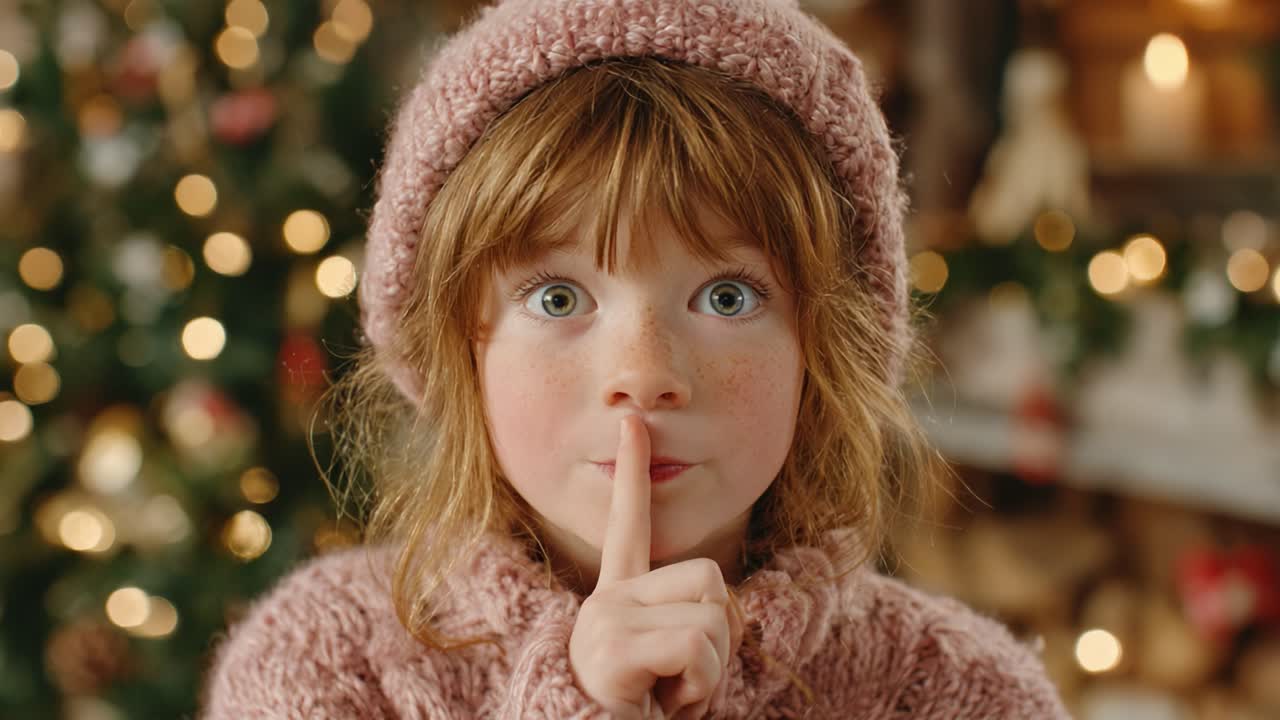 A young girl with a playful expression holds her finger to her lips, suggesting silence while surrounded by festive decorations, creating a whimsical atmosphere of anticipation and excitement