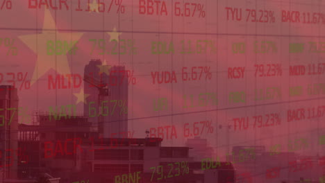 animation of flag of china and stock market over cityscape