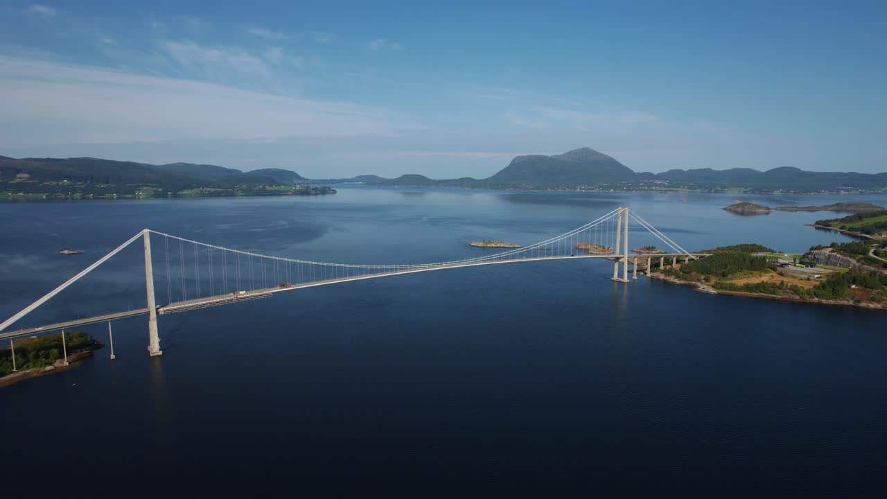 Aerialview of Atlantic Ocean Road, Norway. Bridge connecting shoreline between coast and fjord.
