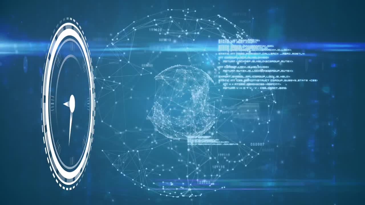 animación del reloj y los datos en pantalla digital sobre el mundo y el fondo naval
