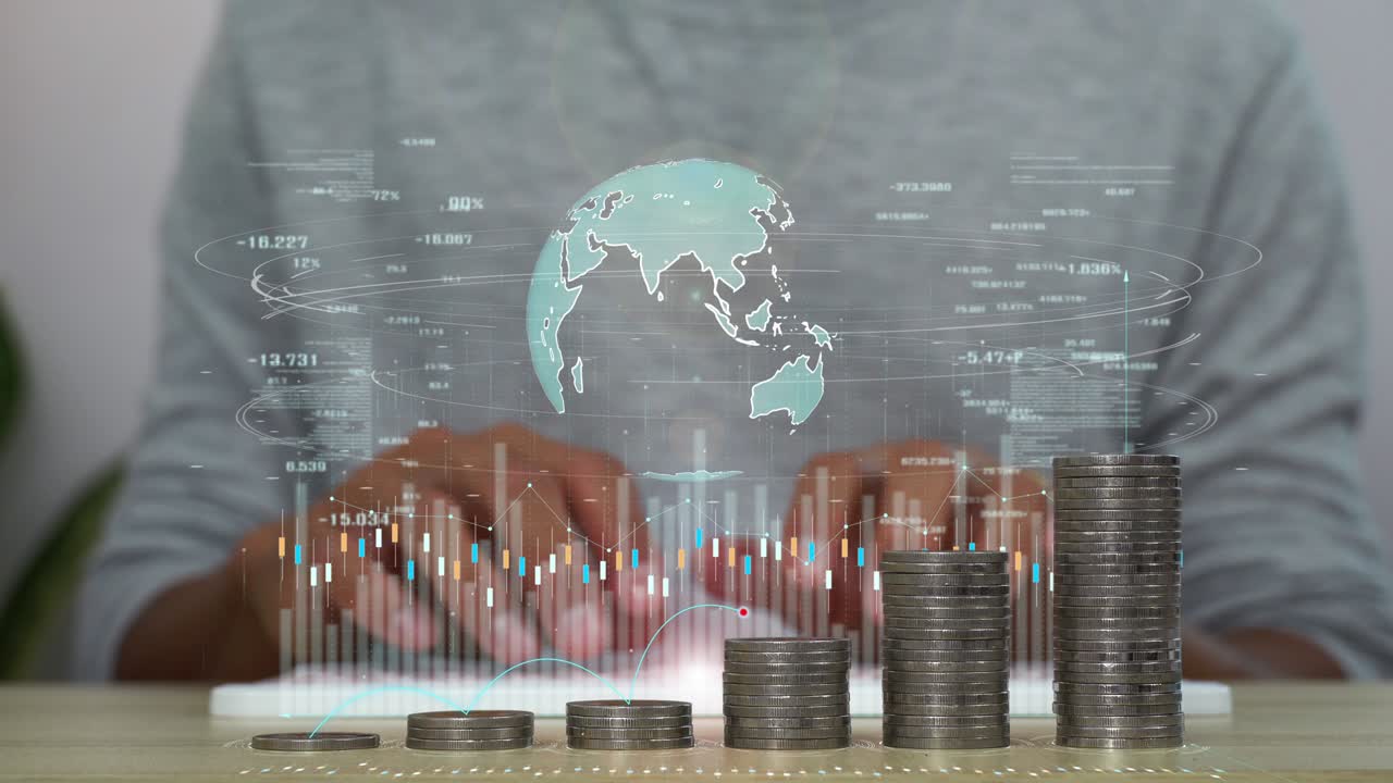 un holograma de datos de análisis de negocios. concepto de crecimiento de negocios. aumento de la pila de monedas.