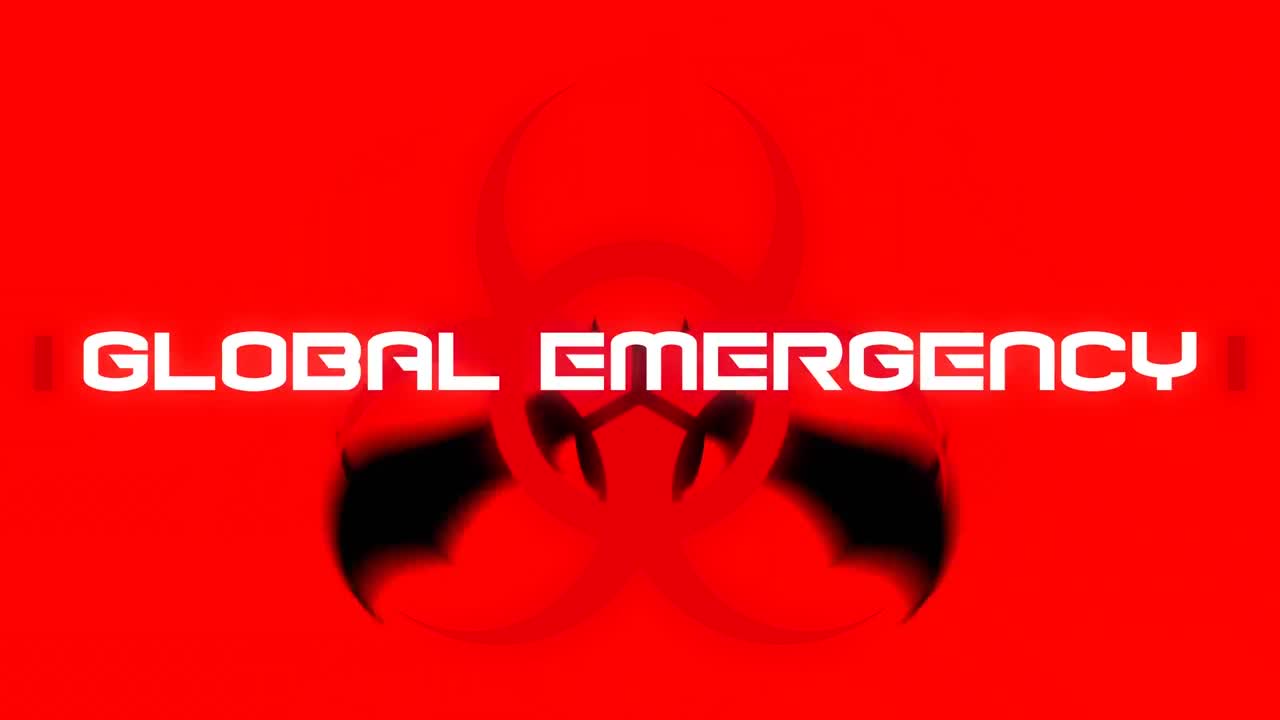 animación del texto de advertencia de emergencia global, sobre el símbolo de peligro biológico rojo y el murciélago, en rojo