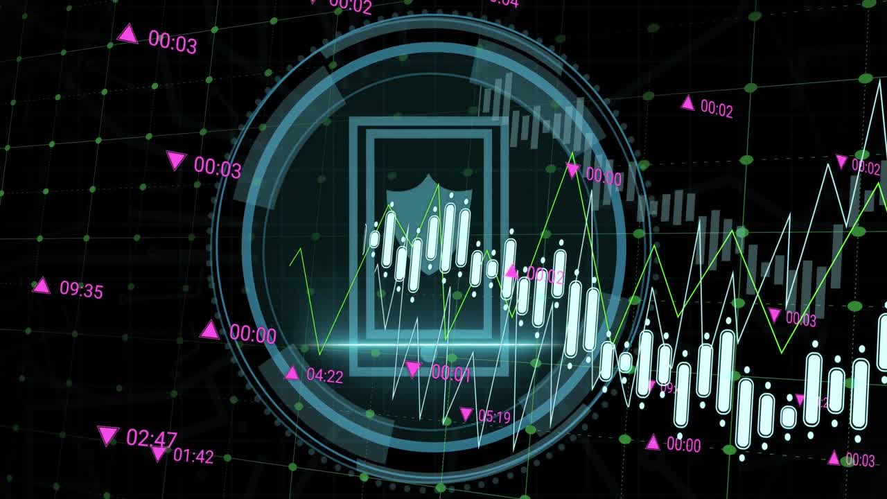 Financial data processing and cyber security text over round scanner against black background