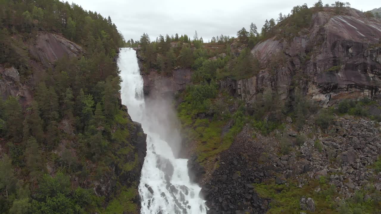 Aerial: Latefossen Waterfall in Norway, amazing natural tourist destination