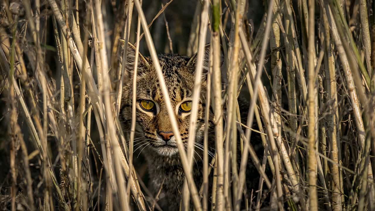 Noticing movement, shifting small wild cat pushing head forward in marsh reeds, scanning area