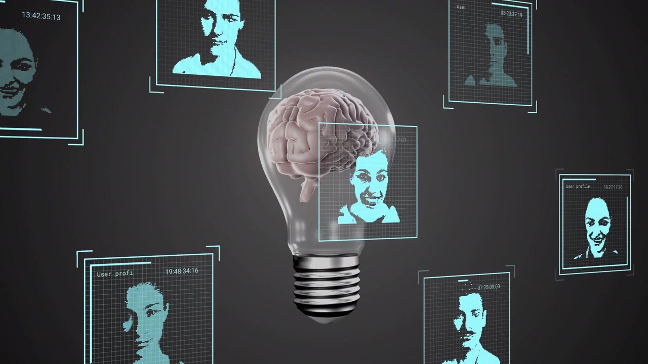Human Brain Inside Light Bulb with Digital User Profile Data