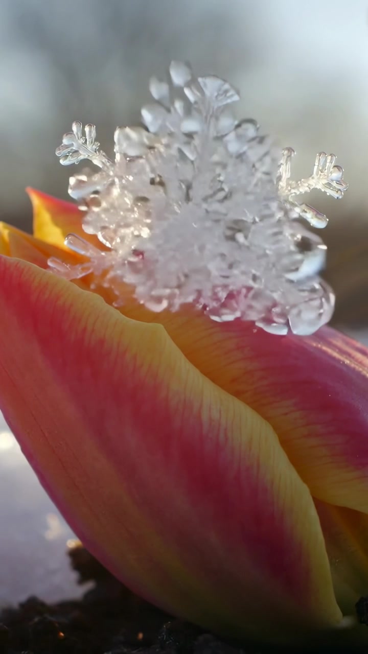 Video verticale: Sole che riscalda un tulipano rosa-giallo su un petalo, fiocco di neve che si rompe, si scioglie, gocce che cadono