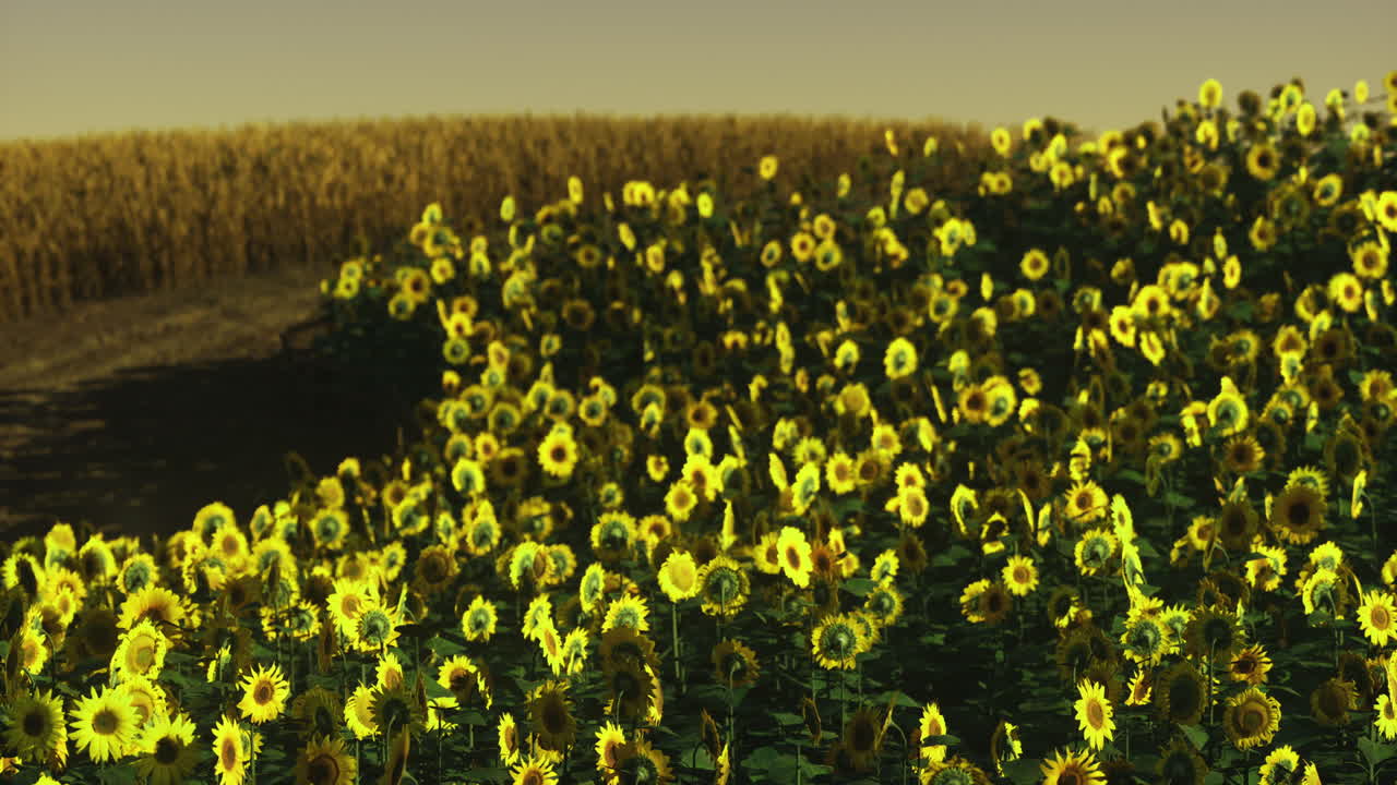 Expansive sunflower field under golden sunlight creating tranquil atmosphere