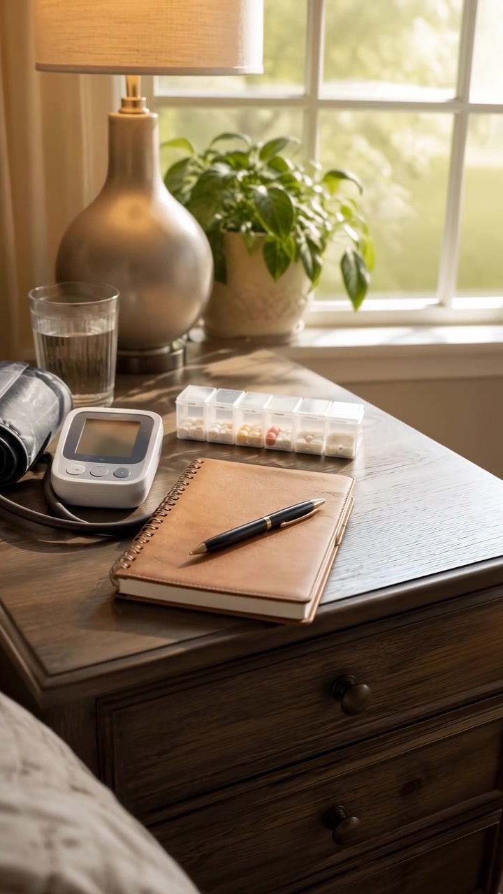 Static view of wooden furniture surface displays notebook, pen, small electronic device, glass, vase, and plant near bright window, with soft natural illumination and quiet interior arrangement.