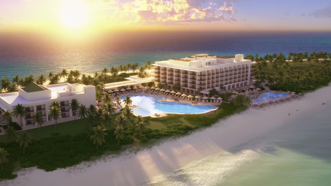 Resort di lusso fronte mare con palme e piscine al tramonto
